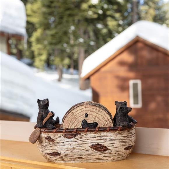 Bear Coasters Set – 6 Full Size Rustic Coasters in Handmade Canoe with Adorable - Picture 4 of 6